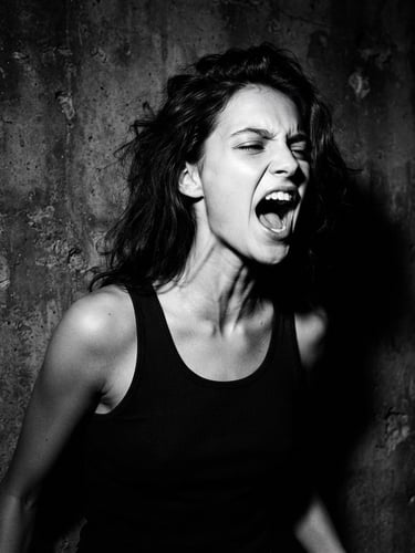 Raw uncropped campaign still of a model mid-shout against a concrete wall, direct hard flash, deep shadows, high-contrast black and white, 35mm film grain