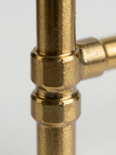 Extreme macro close-up of a brass fixture arm joint, cool studio strobe light revealing the machined chamfer and hand-finished edge, stark white background, no environmental context, architectural framing filling the full frame