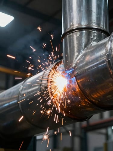 Close-up of a precision weld on a massive stainless steel industrial duct, bright orange sparks flying, dramatic high-contrast industrial lighting, 35mm