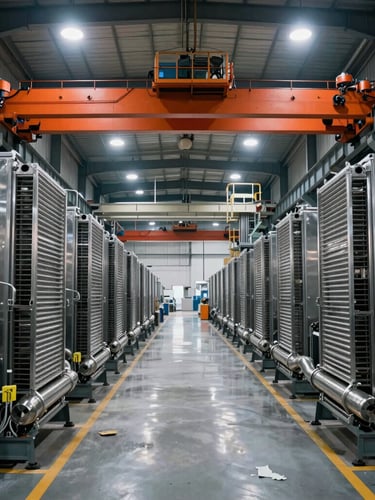 Wide environmental shot of a clean, high-spec industrial manufacturing floor in Florida, overhead crane visible, stainless steel drying tubes lined up, dramatic factory lighting.