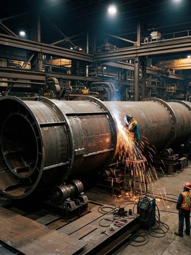 Wide-angle shot of a massive industrial rotary dryer drum being fabricated in a steel workshop, sparks flying from precision welding in the background, dramatic overhead factory lighting, high contrast.