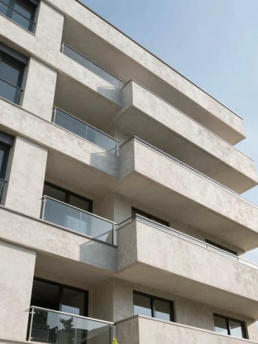 Wide-angle architectural photograph of a modern residential building facade with clean concrete lines, bright natural daylight, sharp structural details, 35mm lens