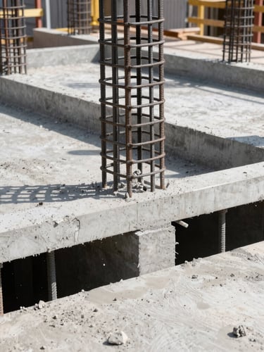 Close-up of active construction site showing thick structural steel rebar cages and high-grade concrete pouring, bright daylight, sharp focus on engineering details