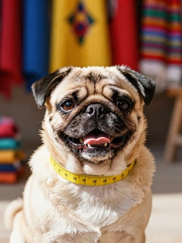Bright eye-level shot of a happy pug being measured with a soft yellow tape in a sunlit Celaya workshop, colorful artisanal fabrics in the background, warm natural daylight, shallow depth of field, 35mm
