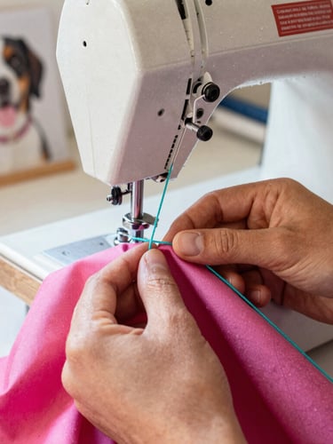 Close-up of hands carefully stitching a colorful pink fabric with teal threads in a bright, warm Guanajuato workshop, sewing machine in background, 35mm