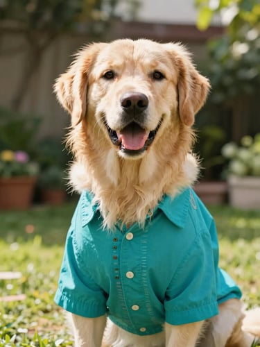 Bright natural-light photography of a happy Golden Retriever wearing a vibrant teal Mexican artisanal shirt in a sunny garden, eye-level shot, 35mm