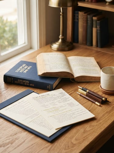 Vintage study desk with European history books, handwritten notes, a coffee mug, and fountain pens.