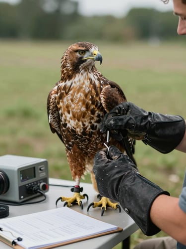 Overcast daylight, close-up of gloved hands securing a hawk for wing examination on a field table, monitoring equipment and data clipboard visible at the edge of frame, muted green vegetation out of focus in background