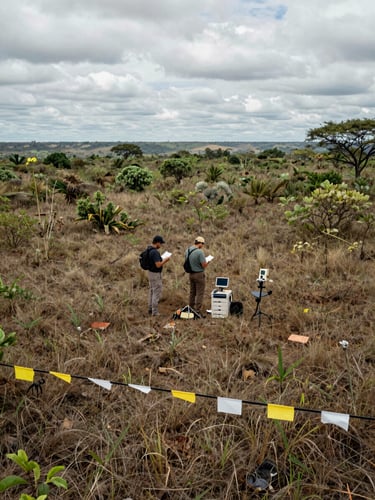 Wide panoramic view of a Brazilian cerrado habitat survey site — two technicians in the middle distance recording observations, monitoring equipment and flagging tape in foreground, overcast diffused daylight, expansive open vegetation to the horizon on the left