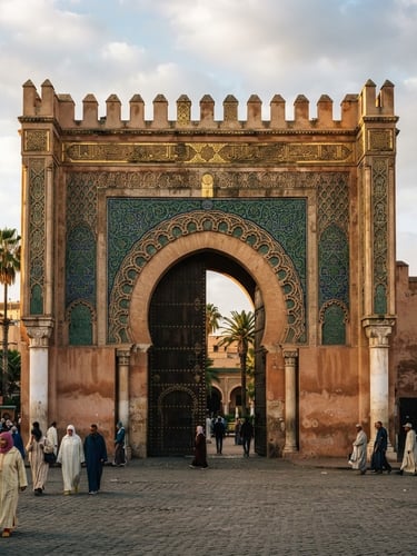 Vue panoramique de la majestueuse porte Bab Mansour au Maroc, avec des accents dorés, sous une lumière douce et contrastée, évoquant une entrée vers un domaine exclusif.