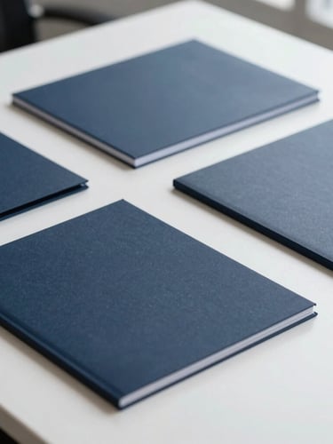 Close-up of organized financial documents on a modern desk, clean corporate photography, bright natural daylight, deep navy and slate tones.