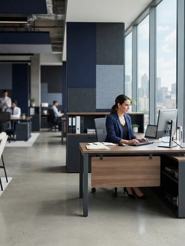 Modern corporate office interior, clean lines, bright natural daylight, a focused professional at a desk in the background, deep navy and slate tones.