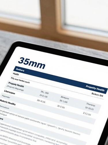 Crisp close-up of a digital tablet displaying a detailed property health report, set against a background of clean timber joints under bright overcast Welsh daylight, 35mm.