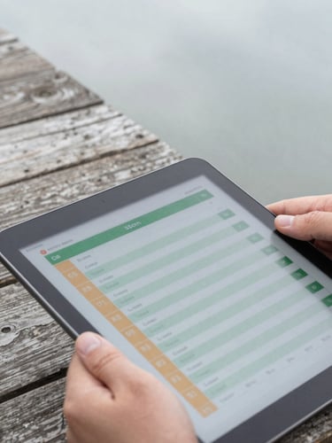 Crisp close-up detail of a hand holding a digital tablet showing a green-and-amber structural checklist, in the background a weathered timber decking joint is visible, overcast daylight, 35mm.