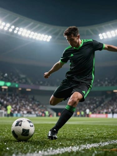 Dynamic motion-blurred silhouette of a football player kicking a ball under intense stadium floodlights, neon green rim lighting, dramatic low-angle framing