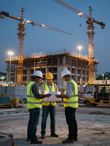 Wide-angle cinematic shot of an active infrastructure development site in Johor at dusk. Two construction supervisors wearing high-visibility vests and hard hats review blueprints together, illuminated by warm overhead site lights. Steel scaffolding and cranes are visible against a deep blue evening sky.