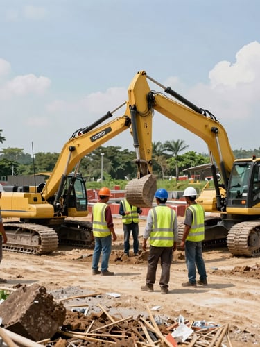 Wide environmental shot of an active Malaysian infrastructure project in Johor Bahru, featuring skilled workers in high-visibility vests and hard hats operating machinery under bright natural daylight.