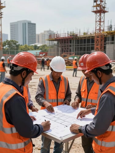 Wide environmental shot of a busy construction site in Johor Bahru during bright daylight, with workers in high-visibility orange vests and hard hats reviewing structural blueprints on a physical table.