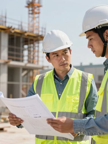 A professional structural engineer in a hardhat and high-visibility vest reviewing blueprints on a clipboard with a site manager, active construction background, bright daylight.