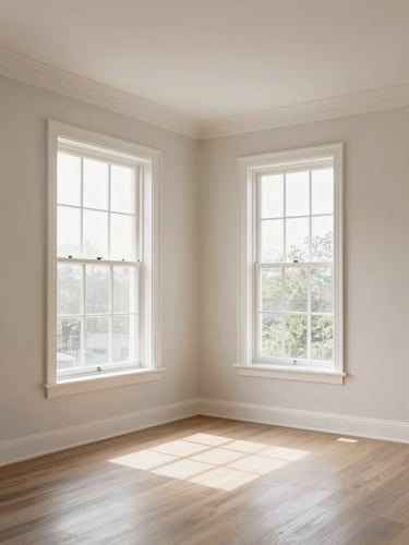Wide environmental shot of a freshly painted bright living room interior, natural daylight flooding in from large windows, clean white trim and smooth walls in a warm neutral tone, sharp edge work visible at ceiling line and door frame, no people or staging