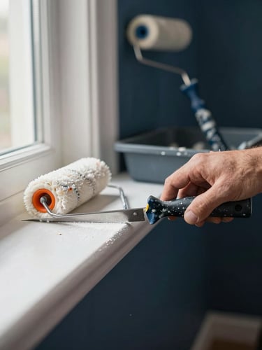 Close-up of a painter's hand cutting in a clean straight edge along white trim against a deep navy wall, natural window light from the left, paint roller and tray visible in the soft background