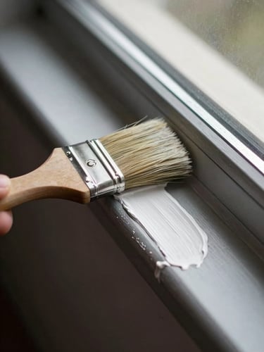 Close-up of a painter's brush laying a clean, sharp line of white paint along a dark window trim, natural daylight, visible bristle texture and precise edge