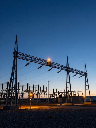 Wide panoramic shot of an Alberta electrical substation at dusk, steel gantry structures silhouetted against a deep blue sky, amber safety lights glowing.