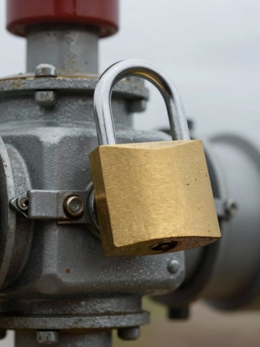 Close-up of a heavy steel isolation switch with a bright gold lockout padlock attached, weathered hands securing the latch, overcast daylight.