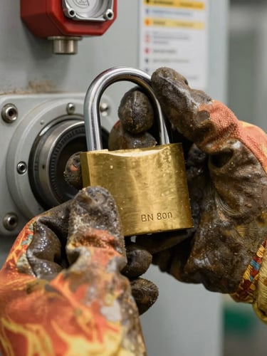 Close-up of a technician's hand in a weathered flame-resistant glove securing a heavy brass lockout padlock onto a physical energy-isolating switch, gritty industrial lighting.