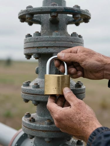 Close-up of weathered hands securing a heavy lockout padlock onto an industrial energy-isolating valve, overcast Alberta daylight.