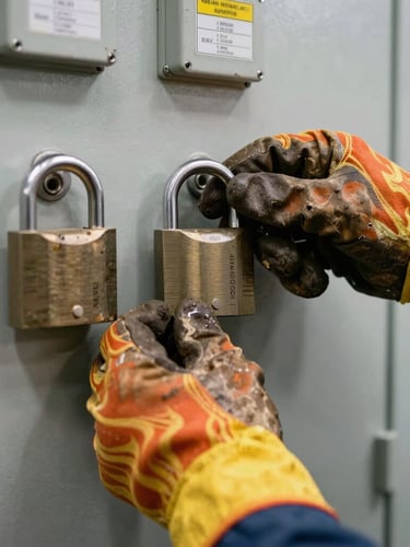 Close-up of weathered hands in flame-resistant gloves securing heavy-duty lockout padlocks on a steel electrical isolation switchboard, high-contrast industrial lighting.