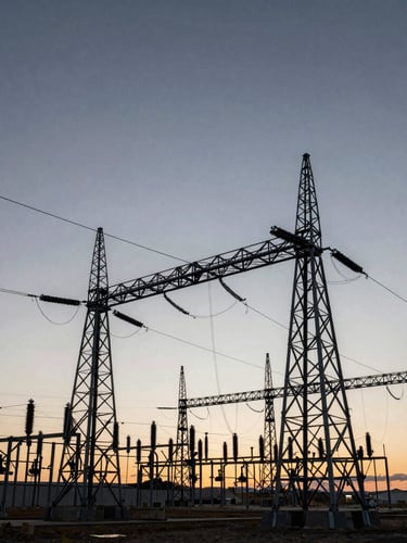 Wide-angle shot of an Alberta high-voltage substation at dawn, steel towers silhouetted against a cold overcast sky, high-contrast industrial lighting.