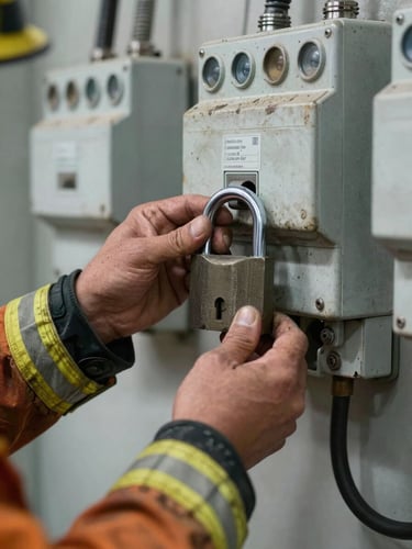 Close-up of a technician hands securing a heavy lockout padlock to an electrical isolation switch, weathered flame-resistant gear, gritty industrial daylight.