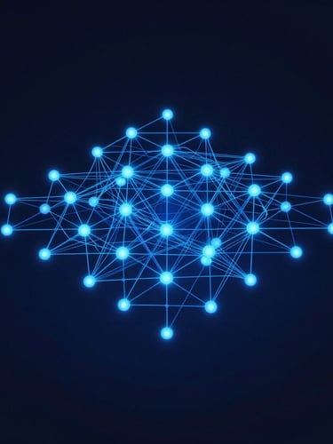 Sleek 3D render, dark navy background with electric blue emissive lighting, abstract data networks, isometric perspective, octane render
