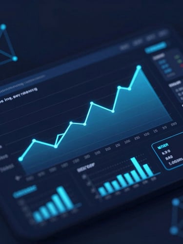 Sleek orthographic 3D render of an executive financial dashboard on dark navy background, glowing electric blue line charts and cyan KPI widgets, shallow depth of field, octane render