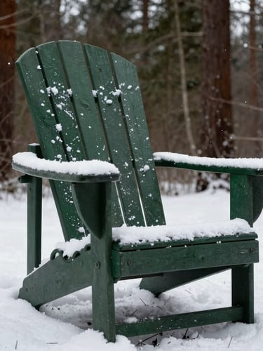 Low-angle shot of a dark forest green Adirondack chair covered in fresh snow, outdoor wood texture, overcast moody daylight, 35mm lens