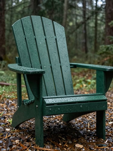 Low-angle shot of a heavy forest green Adirondack chair sitting on damp gravel under overcast light, rain droplets pooling on the dense textured surface, 35mm lens