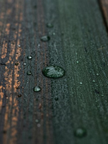 Macro shot of water droplets pooling on a dark forest green weather-resistant resin surface, rustic wood grain texture, overcast post-rain daylight, 35mm lens