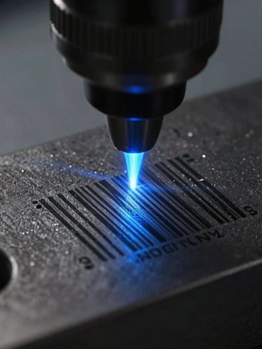 Macro close-up of a high-speed fiber laser beam etching a precise, high-contrast barcode on a dark industrial steel component, cool-toned blue laser path, sharp focus, 50mm lens