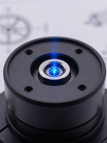 Macro close-up of a high-speed galvanometer scanner head with blue laser emitter, technical schematics faintly visible in background, sharp focus, cool studio lighting