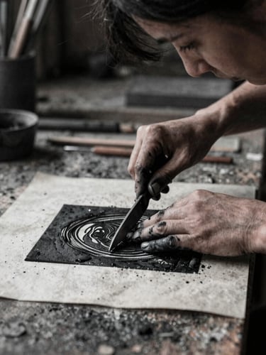 Close-up of ink-stained hands of a female artist cutting a woodblock in a gritty workshop, dramatic low-key side lighting, charcoal black tones, 35mm film grain