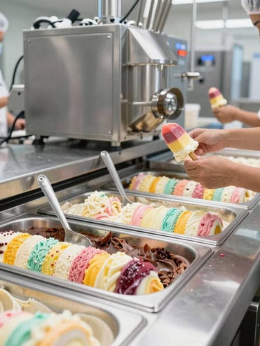 Bright, clean modern ice cream production facility with stainless steel equipment, workers in hygienic gear packaging colorful layered ice cream pops