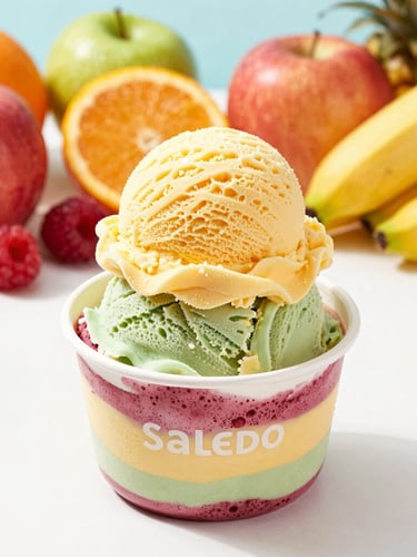 Eye-level professional studio shot of a traditional multi-layered Salcedo ice cream, vibrant tropical colors, fresh fruit ingredients arranged neatly in the background, bright high-key lighting