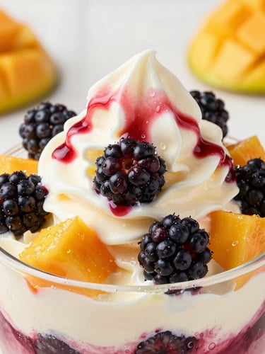 Macro portrait shot of a traditional multi-layered Helado de Salcedo ice cream, showing vibrant layers of blackberry, mango, and cream with condensation droplets, bright studio lighting, shallow depth of field.