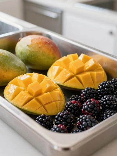 Vibrant eye-level shot of fresh cut mangoes and blackberries arranged next to a stainless steel prep station in a bright, clean, modern kitchen environment, natural daylight.