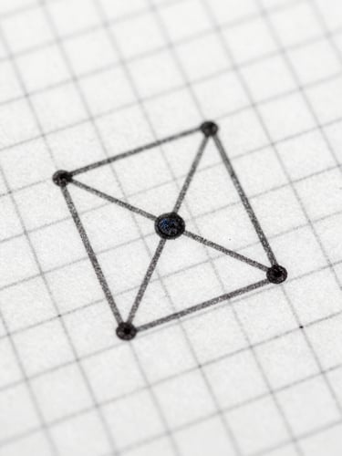 Macro shot of ink on grid paper, clean geometric pencil lines, sharp directional studio lighting, high-contrast monochrome