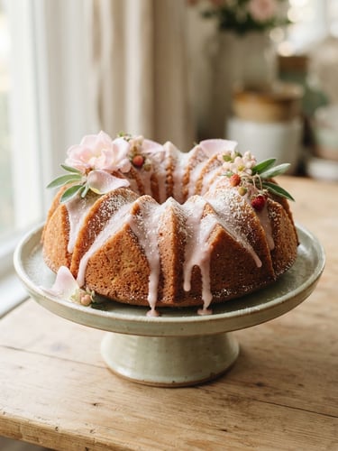 Straight-on eye-level portrait of a whole organic bundt cake with sharp architectural ridges, soft morning window light, pastel pink undertones, shallow depth of field