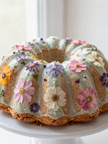 Straight-on eye-level portrait of a tiered organic bundt cake decorated with delicate edible pressed flowers, sitting on a pale ceramic stand, soft morning light.