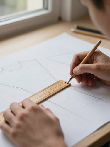 Portrait crop of a designer's hands drafting a sleeve pattern with a wooden curve ruler on heavy paper, soft window light.