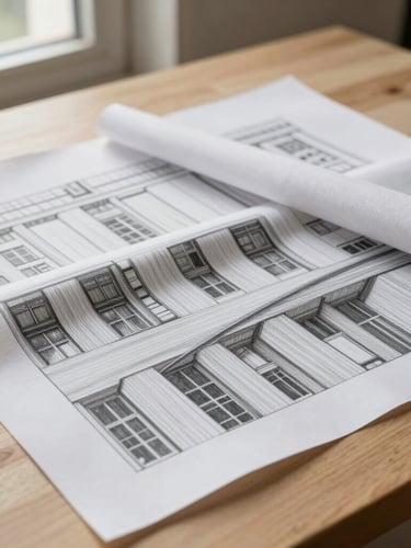 Utilitarian architectural crop of pattern paper with sharp pencil lines and heavy-weight cotton fabric draped over a light wood table, natural north-facing window light.